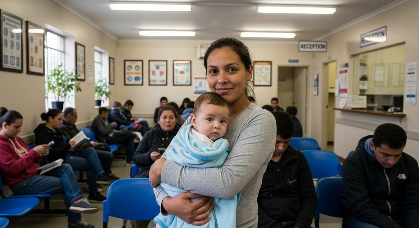 아기를 안고 대기실에 앉아 있는 젊은 여성과 그 주변 사람들