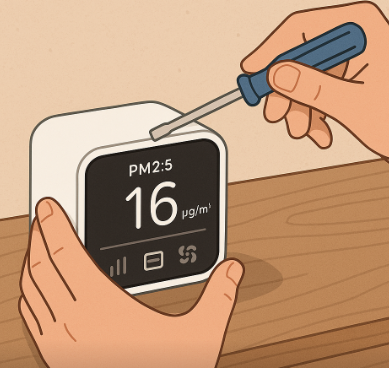 미세먼지 측정기를 교정 또는 점검하는 장면