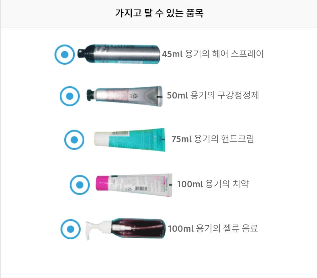 기내 반입 가능한 액체류가 나열되어 있습니다.