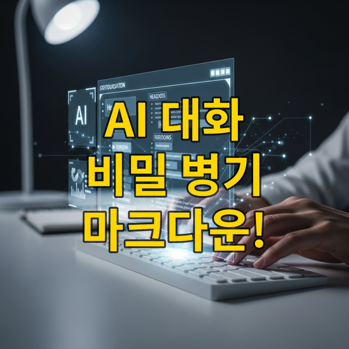 AI와의 대화에서 마크다운 문법의 중요성을 상징하는 이미지. 손이 키보드를 타이핑하고 있고, 투명 스크린에 마크다운 문법이 적용된 AI 대화 인터페이스가 구조적으로 나타나 있다.