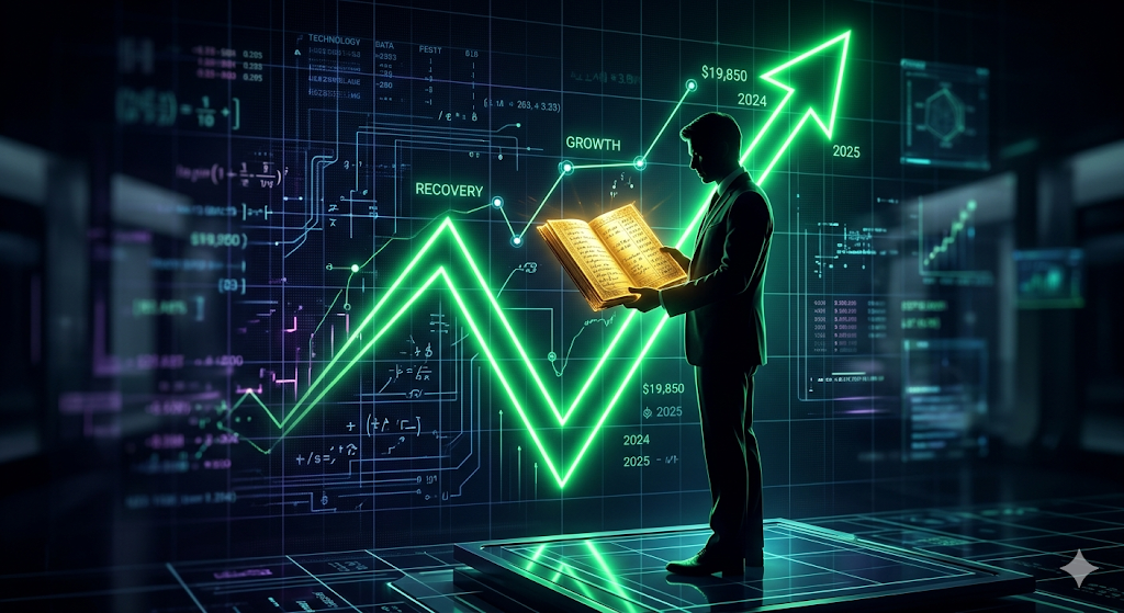 강렬한 나스닥 V자 반등 차트 위에 차기 연준 의장 후보 케빈 워시의 실루엣과 비밀 장부가 놓인 몽환적 그래픽