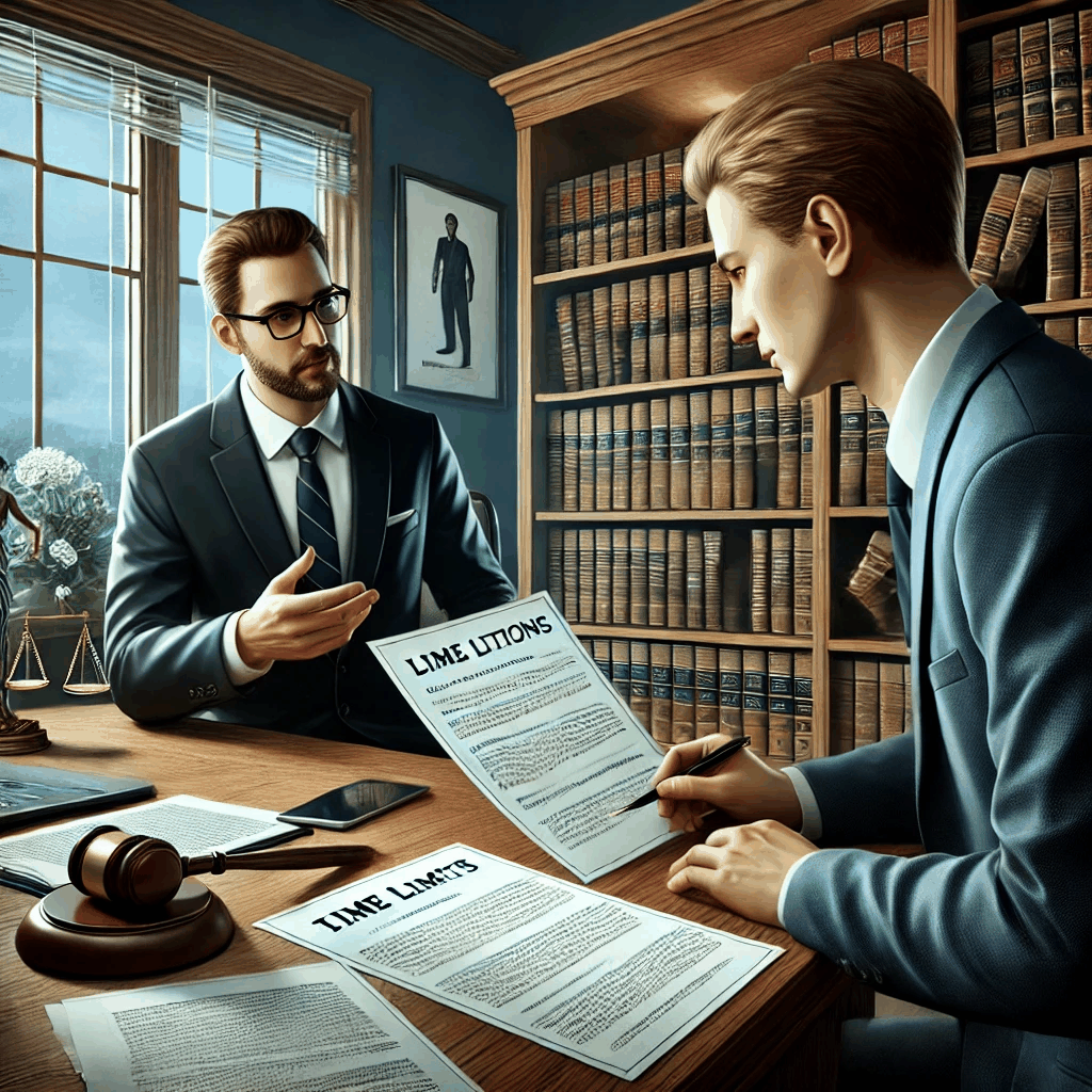 변호사가 사무실에서 고객에게 법률 조건과 기한에 대해 전문적으로 설명하는 장면