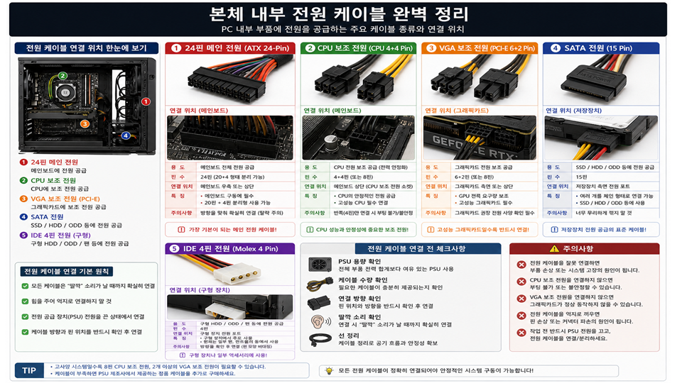 본체 내부 전원 케이블 종류 24핀 메인 전원 CPU 보조 전원 VGA 보조 전원 SATA 전원 연결 주의사항 표