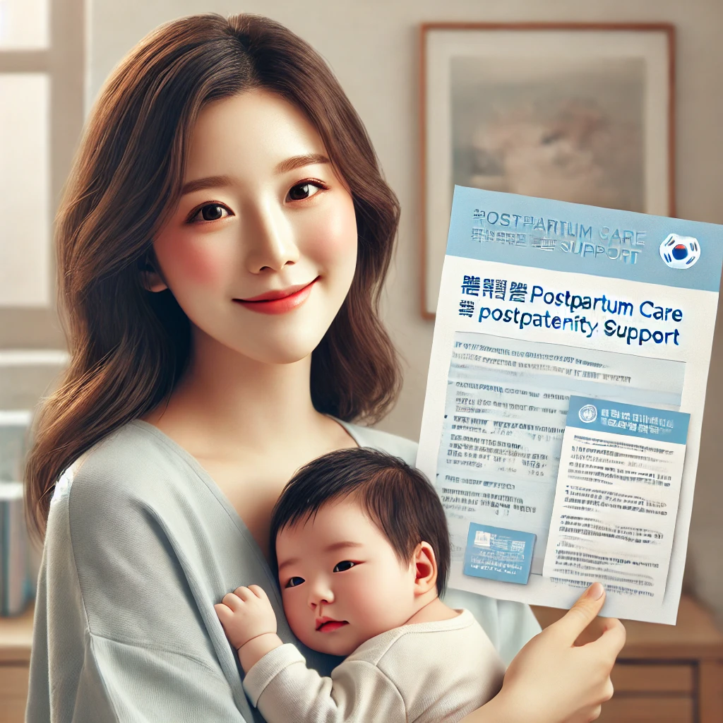 따뜻한 가정환경에서 신생아를 안고 있는 행복한 엄마의 모습. 산후조리 지원을 상징하며, 배경에는 출산 지원 관련 정부 서류 또는 안내문이 희미하게 보인다. 전체적으로 따뜻하고 안심할 수 있는 분위기를 표현한 이미지.