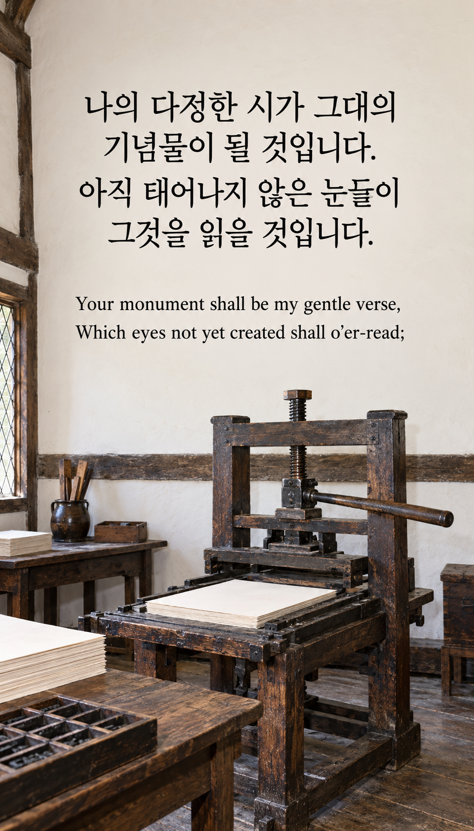 미래의 눈이 읽을 글: 나의 다정한 시가 그대의 기념물이 될 것입니다. 아직 태어나지 않은 눈들이 그것을 읽을 것입니다. 온플래쉬스냅, 목조 인쇄기와 종이.