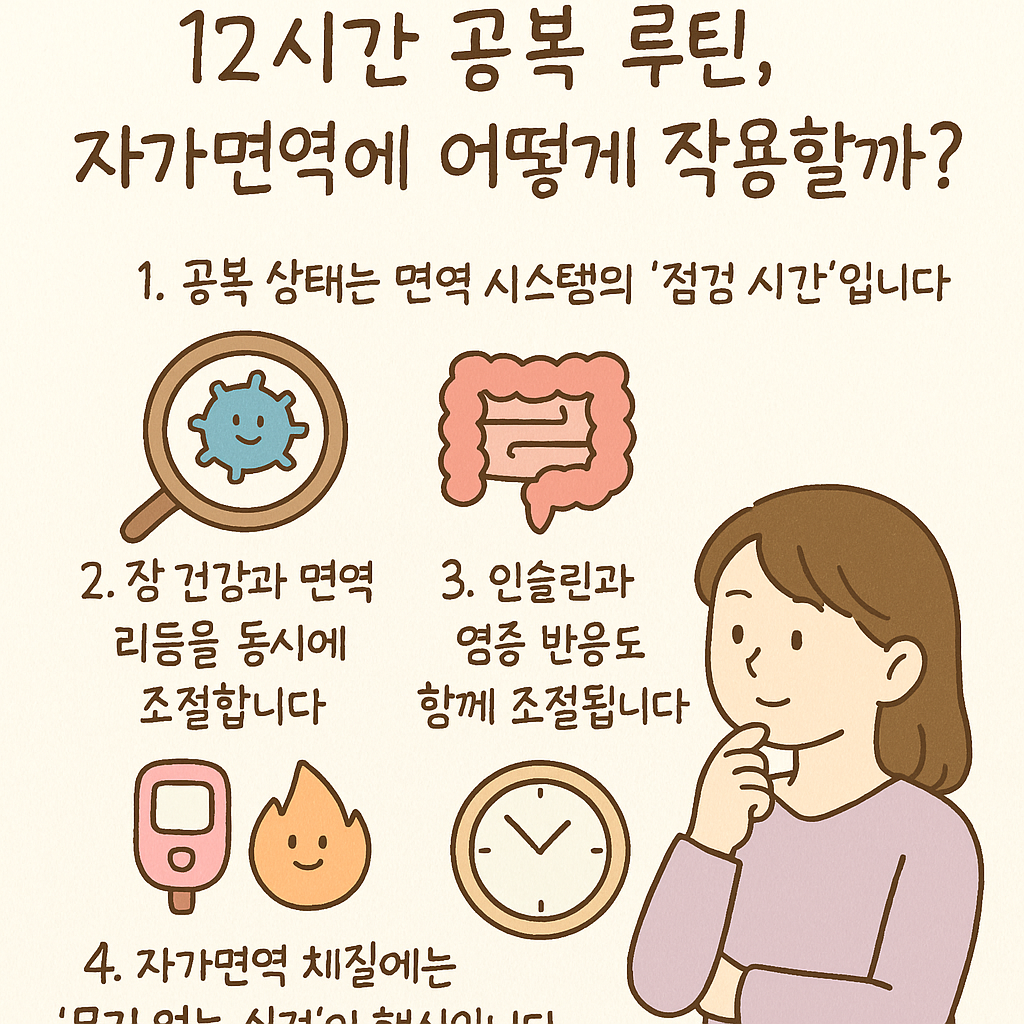 12시간 공복이 자가면역에 미치는 놀라운 효과에 대해 요약한 일러스트입니다.