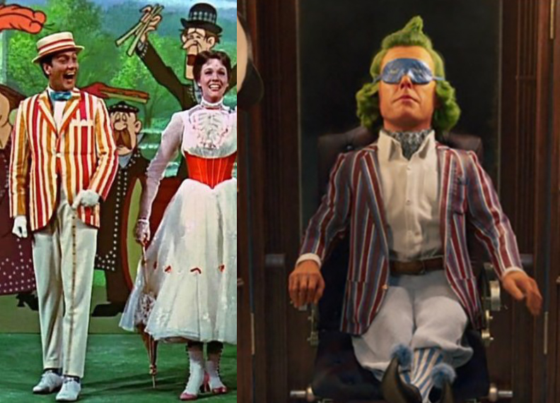 영화 메리포핀스의 버트 의상과 영화 웡카의 움파룸파 의상 스타일 비교