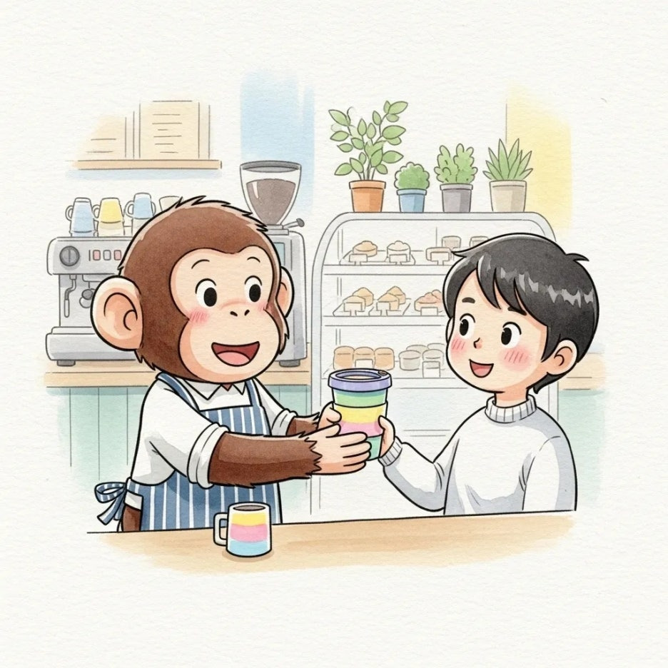 베이프 캐릭터가 있는 귀여운 리유저블컵 증정 장면.