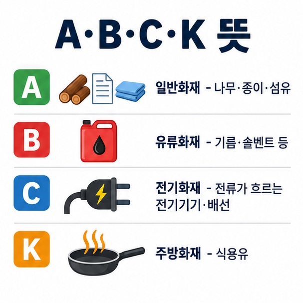 일반화재 A급 유류화재 B급 전기화재 C급 주방화재 K급의 차이를 불꽃과 재료 아이콘으로 보여주는 이미지