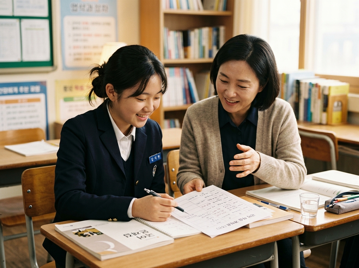 학부모와 함께 국어 학습 계획을 세우는 학생