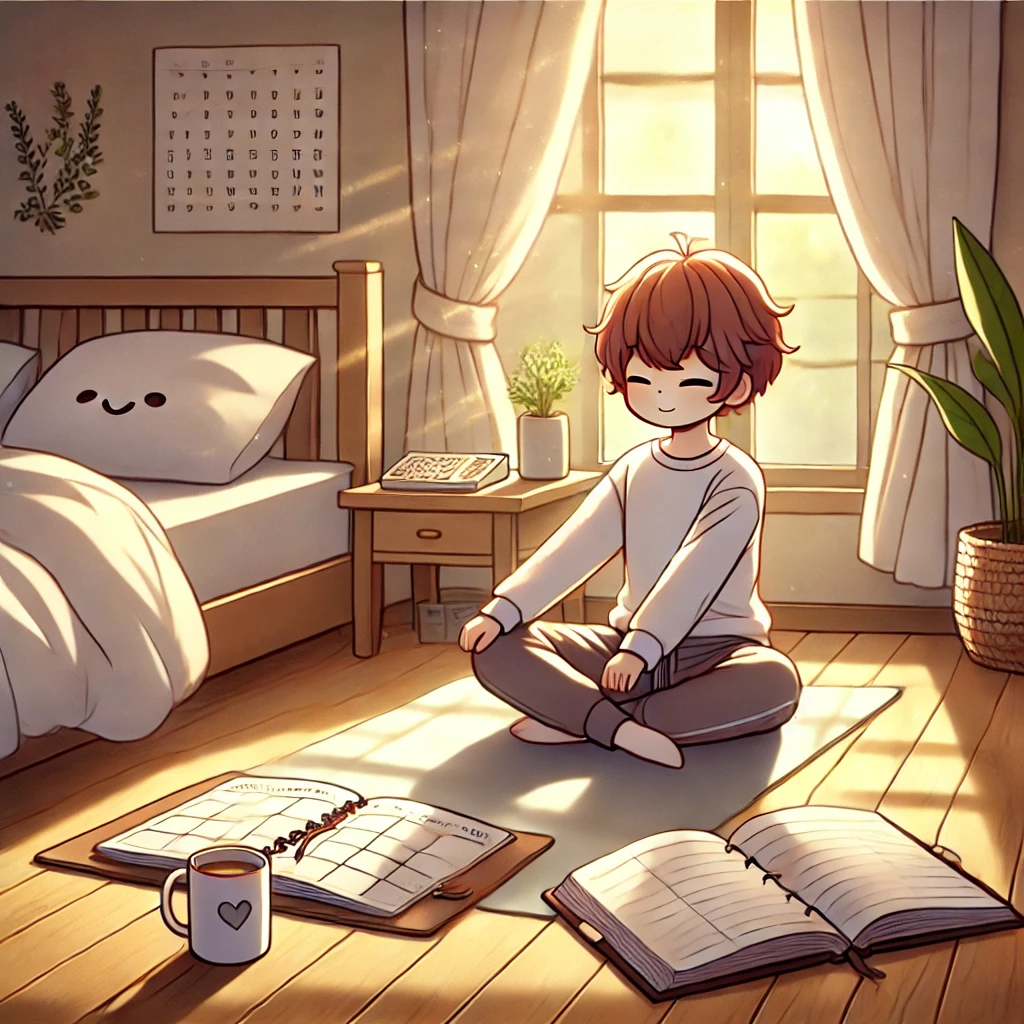 A cozy bedroom with soft sunlight