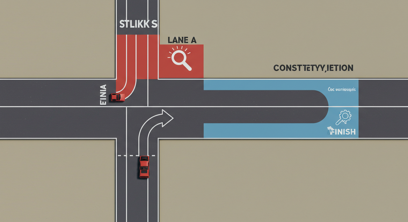 두 갈래 길이 서로 다른 깃발로 향하는 상징적 장면으로 프리셋 A와 B의 목표 차이를 표현한 이미지