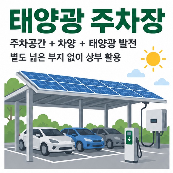 태양광 주차장이라는 제목과 주차 차량 위 캐노피 태양광 모듈, 인버터와 전기차 충전기를 함께 표현한 대표 이미지