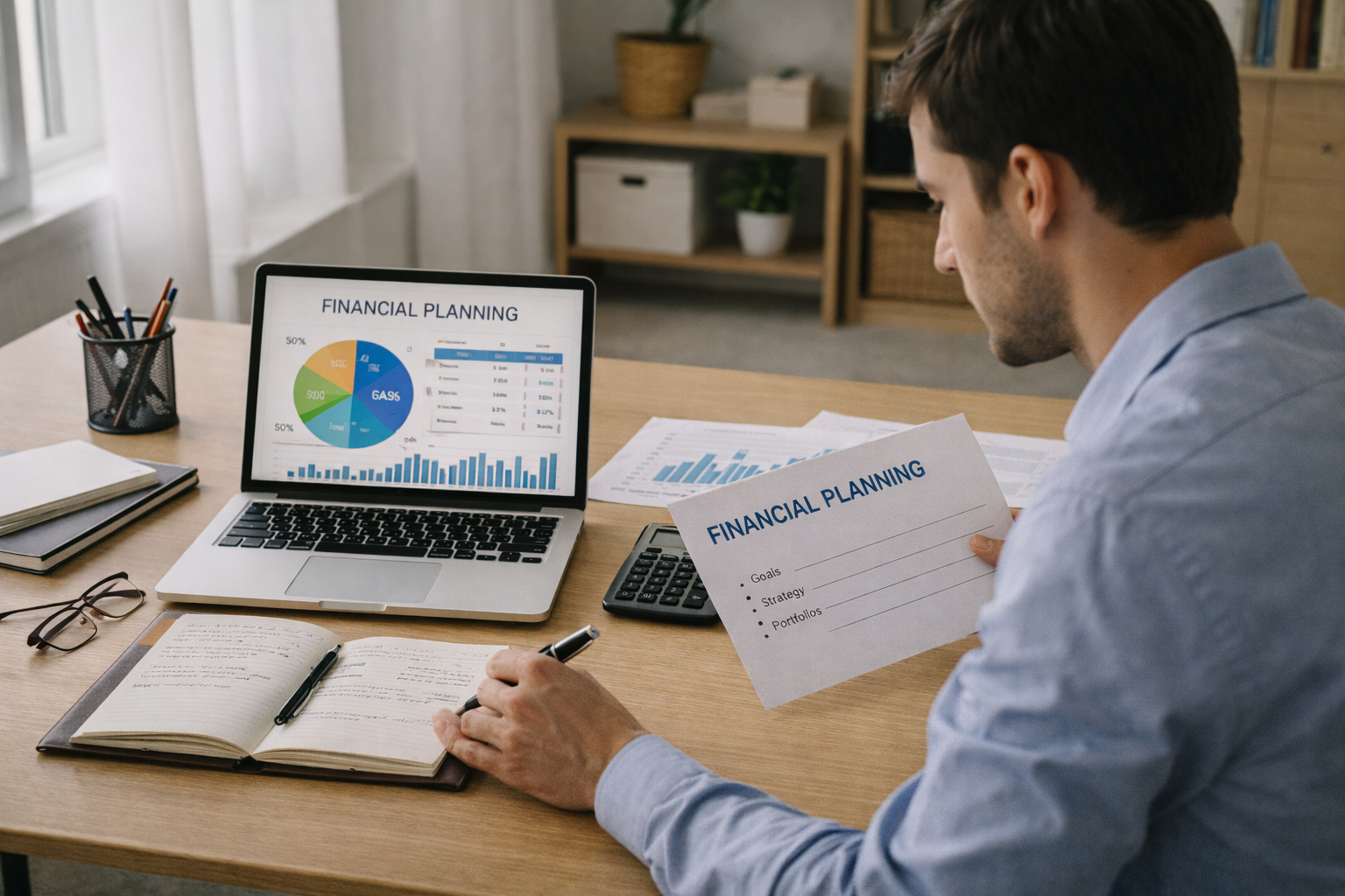 차분한 분위기의 사무실에서 재무 계획을 정리하는 모습