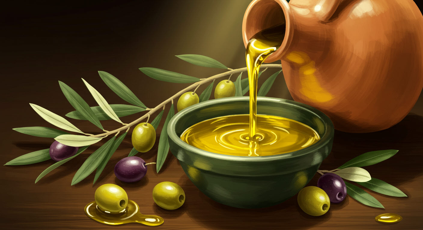 올리브오일을 그릇에따르고 있고 옆에는 올리가가있는 삽화