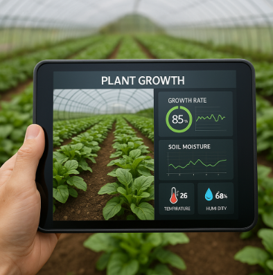 스마트팜 온실 안에서 태블릿으로 작물 생육 데이터를 확인하는 모습