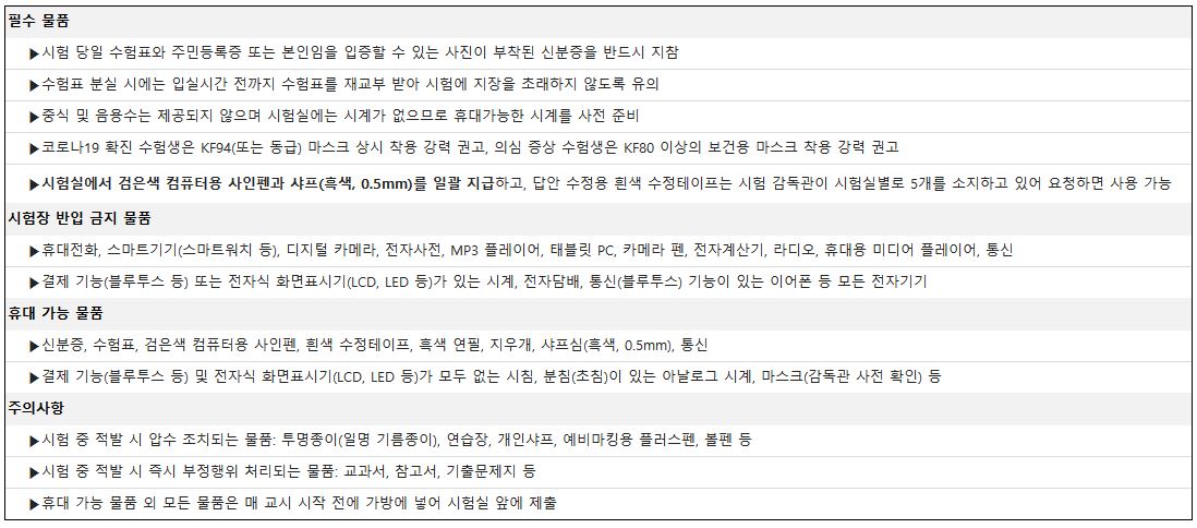 2024 수능 준비물 , 반입금지 물품