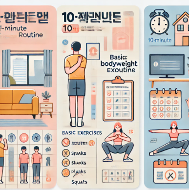 집에서 할 수 있는 하루 10분 건강운동 루틴을 소개하는 인포그래픽 이미지로, 스트레칭, 스쿼트, 플랭크, 루틴 체크 아이콘이 포함됨
