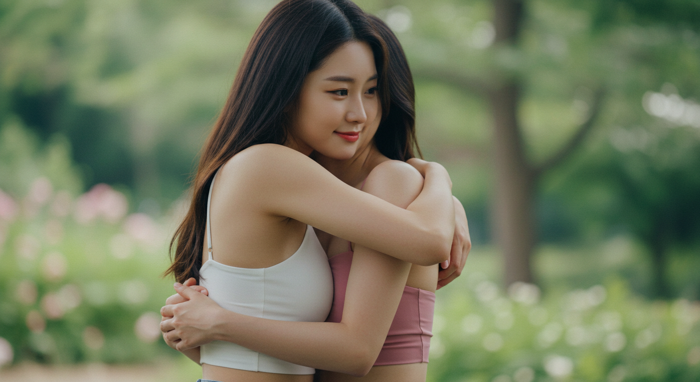 서로 끌어안고 있는 미녀들
