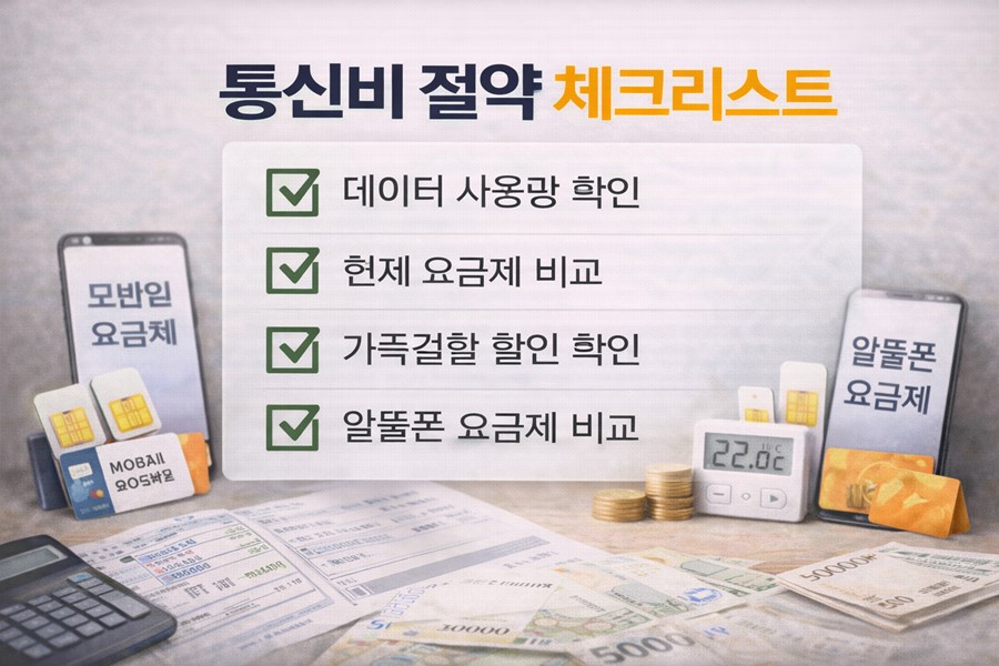 통신비 절약을 위해 데이터 사용량 확인, 현재 요금제 비교, 가족결합 할인 여부 점검, 알뜰폰 요금제 비교를 체크리스트 형식으로 정리한 안내 이미지입니다.