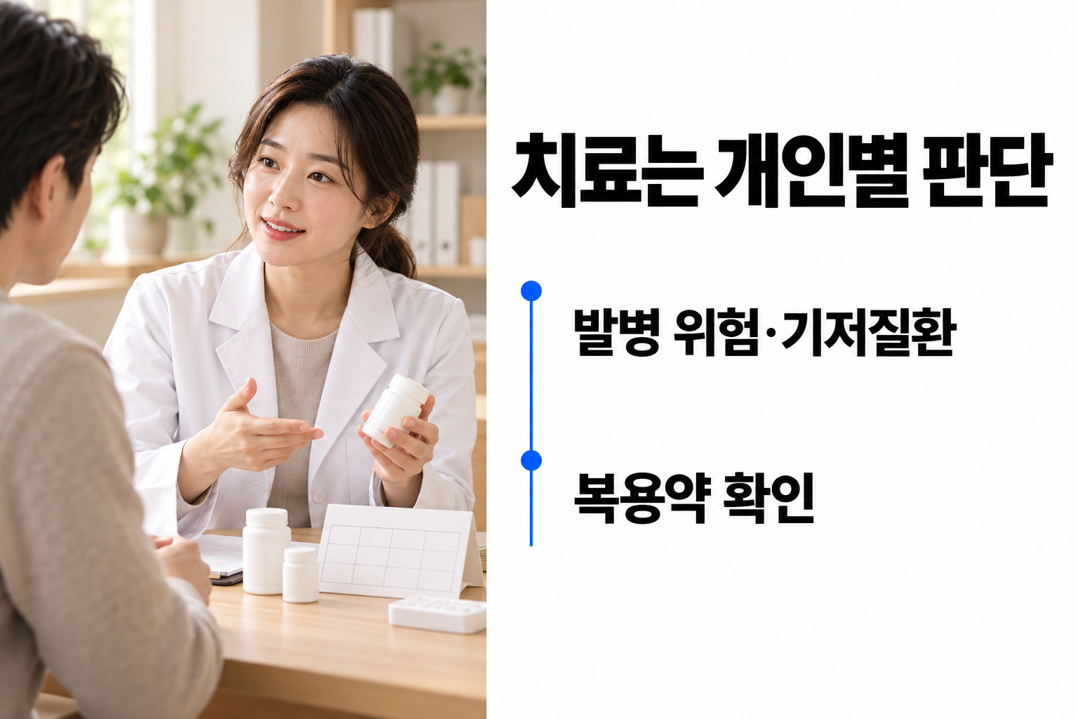 의료진과 성인이 치료 전 발병 위험과 기저질환, 복용약을 확인하는 상담 카드