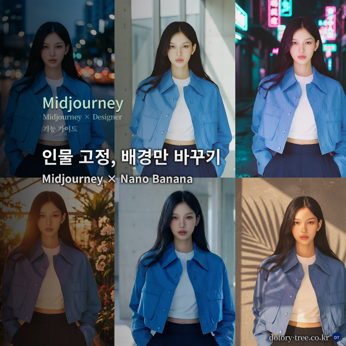 동일 인물을 고정한 상태에서 배경을 변주하는 Design Log 실험 썸네일_Midjourney & Nano Banana