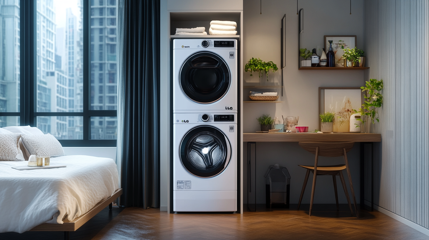 소형 도시 아파트에 최적화된 LG 세탁 타워가 공간 효율성을 강조하며 현대적인 미니멀리즘 인테리어에 잘 조화된 모습.