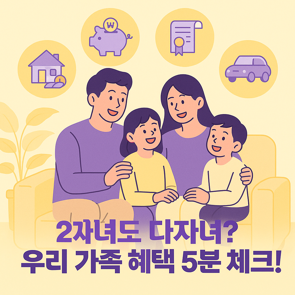 행복한 부모와 두 아이 주변에 집, 저축, 교육, 교통 아이콘이 떠 있는 가족 혜택 일러스트