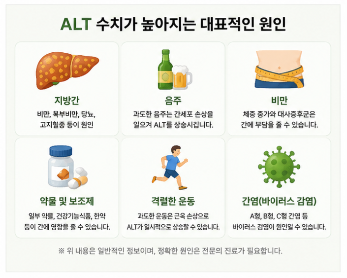 지방간과 음주, 비만 등 ALT 수치를 높이는 대표적인 원인을 설명한 인포그래픽