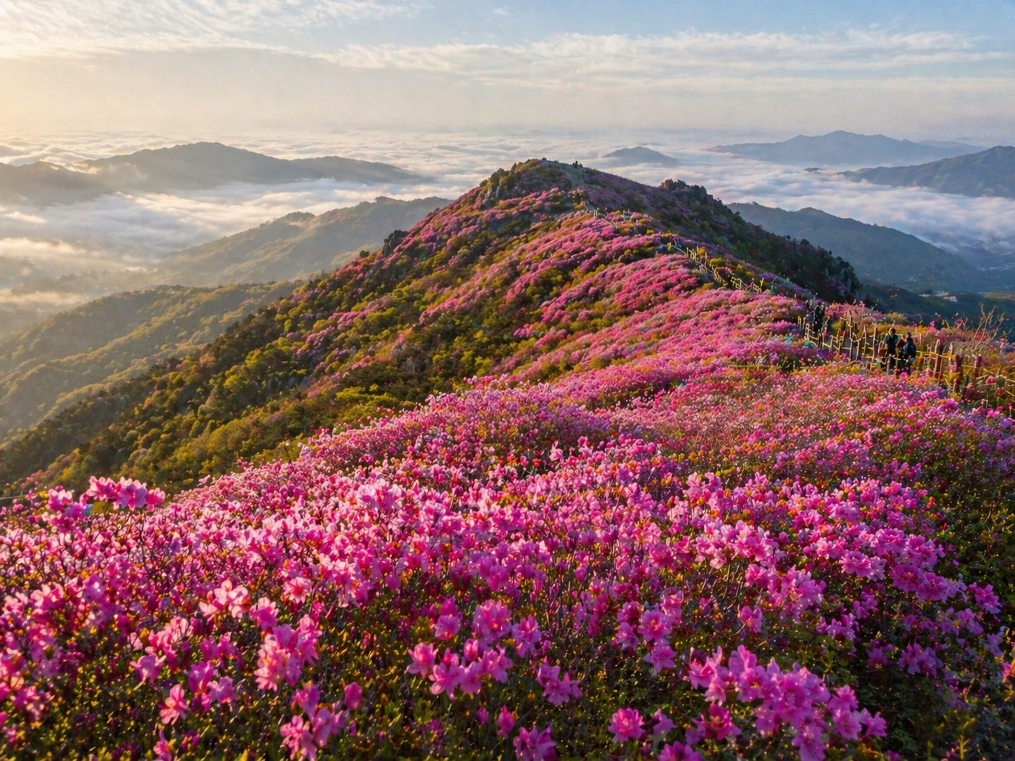 산 능선을 뒤덮은 철쭉 절경을 보여주는 감성 풍경 이미지