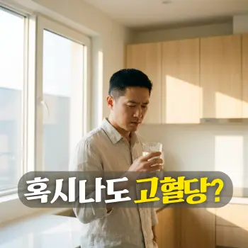 혹시 나도 고혈당?
밝고 깨끗한 모던 미니멀 스타일의 주방, 넓은 창문으로 들어오는 따스하고 선명한 아침 자연광. 심한 갈증을 느껴 걱정스러운 표정으로 차분하게 투명한 유리컵에 담긴 물을 바라보고 있는 30대 한국인 남성의 상반신 모습. 전체적으로 밝고 선명한 톤, 부드러운 감성이 살아있는 자연스러운 아날로그 필름 실사 스냅 사진 스타일. 실내 공기는 먼지나 연기, 흐림 효과 없이 매우 맑고 투명하며 깨끗함. 고화질 이미지, 텍스트나 글자는 전혀 없음, 8k