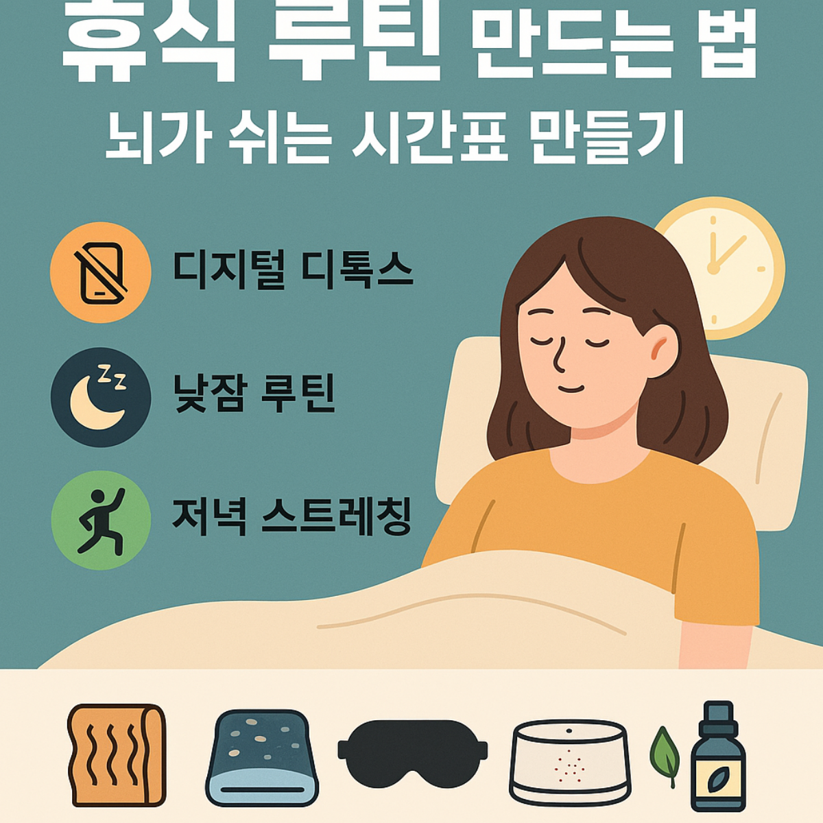 휴식 루틴 만드는 법 인포그래픽 – 디지털 디톡스, 낮잠 루틴, 저녁 스트레칭을 통한 뇌 회복 가이드와 수면템 추천 아이콘 포함