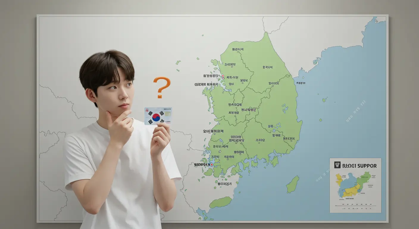 민생회복 소비쿠폰 사용지역, 한 사람이 대한민국 지도 앞에서 민생회복 소비쿠폰 카드를 들고 사용 가능한 지역인지 고민하는 모습