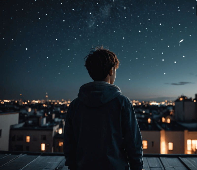 밤하늘 수 많은 별을 바라보고 있는 소년