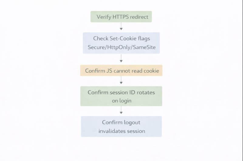 HTTPS 강제 여부를 확인한 뒤 Set-Cookie에서 Secure/HttpOnly/SameSite를 점검하고 로그인 재발급과 로그아웃 무효화를 검증하는 절차를 보여주는 흐름도이다.