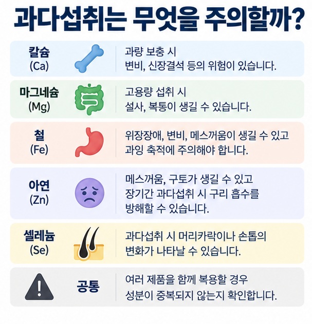 칼슘 마그네슘 철 아연 셀레늄의 과다섭취 부작용과 성인 상한섭취량 참고값을 정리한 미네랄 안전섭취 인포그래픽