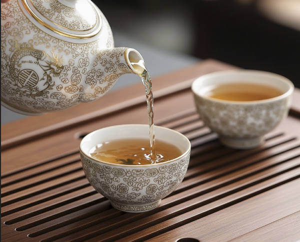 흰색의 골드 무늬 다관과 찻잔이 차판 위에 있다. 차를 따르는 중