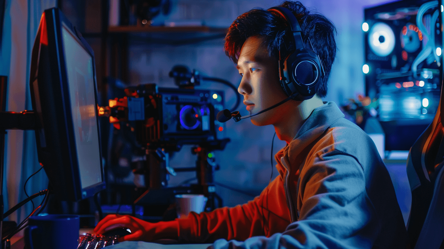 헤드셋을-끼고-컴퓨터-모니터를-바라보고-있는-남성-이미지