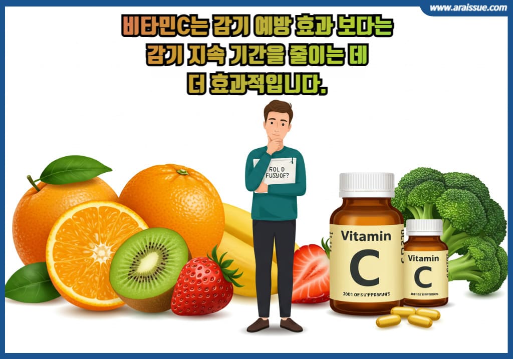 비타민C 는 감기 예방 효과 보다는 감기 지속 기간을 줄이는데 더 효과적입니다.