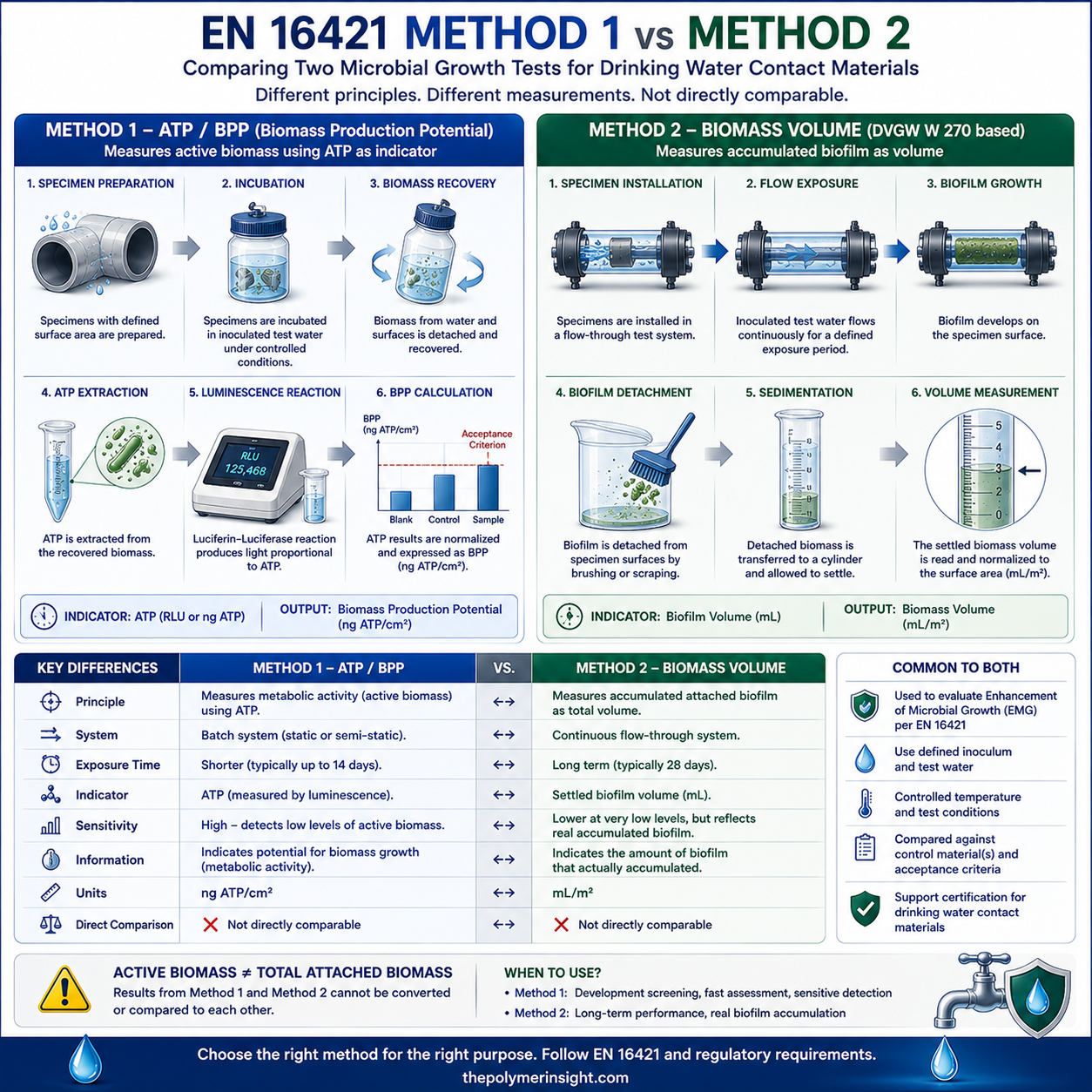 EN 16421 Method 1의 ATP BPP 시험과 Method 2의 DVGW W 270 Biomass Volume 시험절차 비교