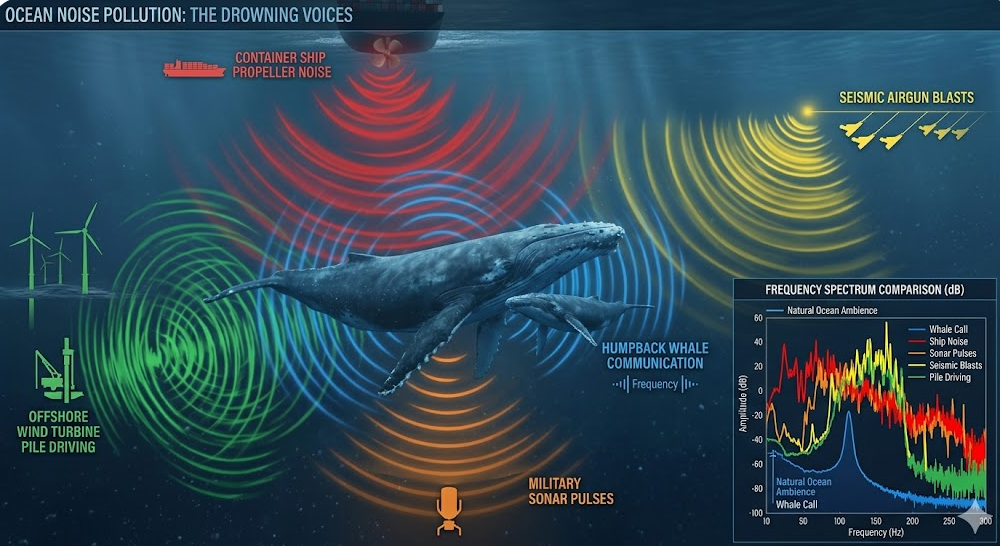 해양 소음 오염 원인과 고래 의사소통 방해 메커니즘 도식