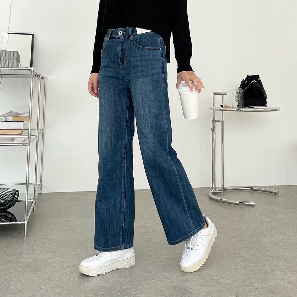 기모 추가 세미 와이드 청바지 일자 통청바지 하비 진 데님팬츠 중청 히든 허리 밴딩 스판