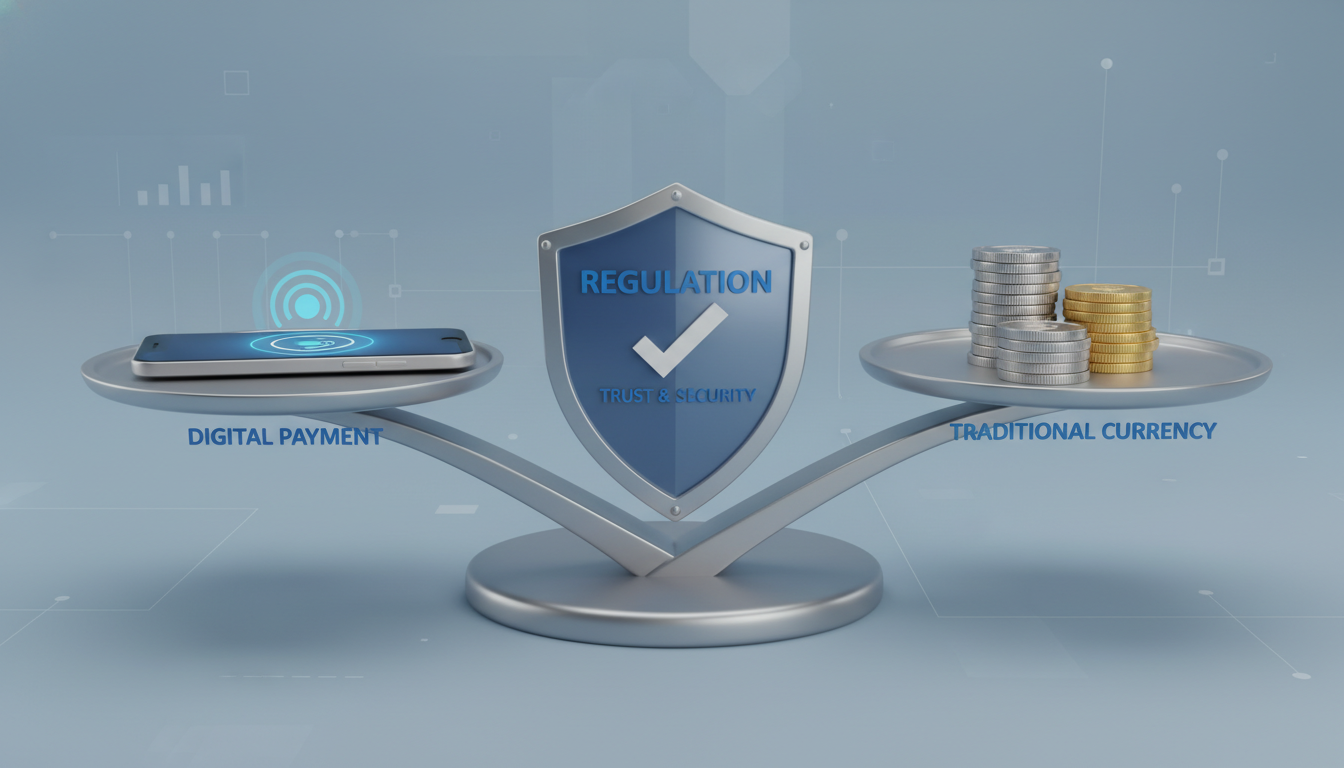 저울 위에 스마트폰 간편결제와 동전이 올려져 있고 중앙에 방패가 있는 일러스트, 수수료 균형과 금융당국의 소비자 보호를 상징