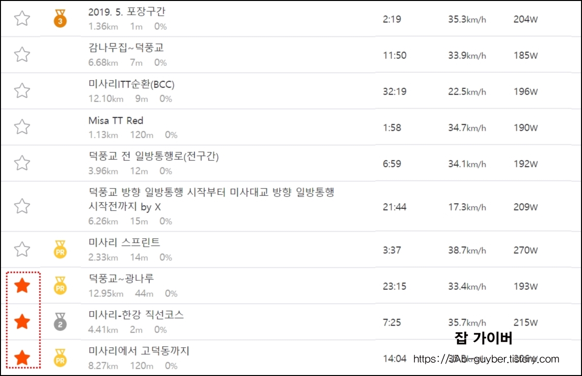 Strava 세그먼트 상세화면 즐겨찾기 별표 설정