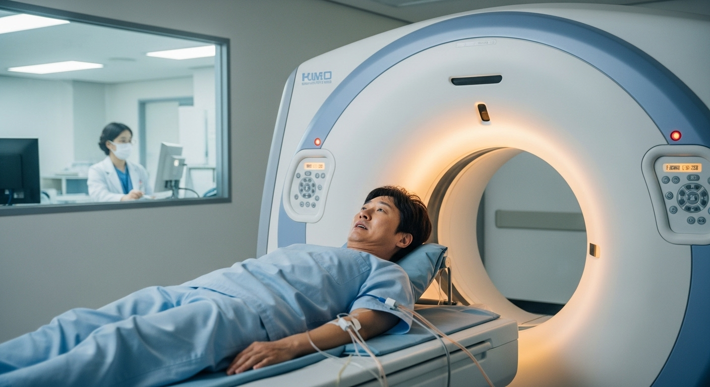 환자가 CT 스캐너 안에서 검사받는 모습