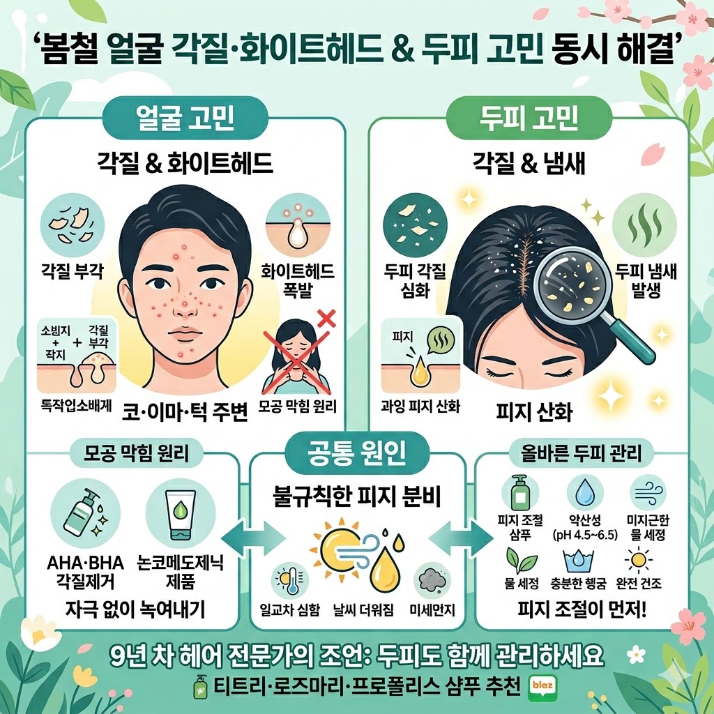봄철 얼굴의 각질과 화이트헤드, 두피 각질 고민을 동시에 해결하기 위한 인포그래픽. 봄철 피지 분비가 불규칙해지는 원인(일교차, 날씨 변화, 미세먼지 등)과 화이트헤드가 생성되는 원리(과잉 피지와 각질로 인한 모공 막힘)를 설명합니다. 얼굴 관리법으로 자극적인 코팩 금지, AHA·BHA 각질제거제 사용, 논코메도제닉 제품 선택을 제안하며, 두피 관리법으로 피지 조절 약산성 샴푸 사용, 미지근한 물 세정, 완전 건조를 필수 사항으로 정리했습니다.