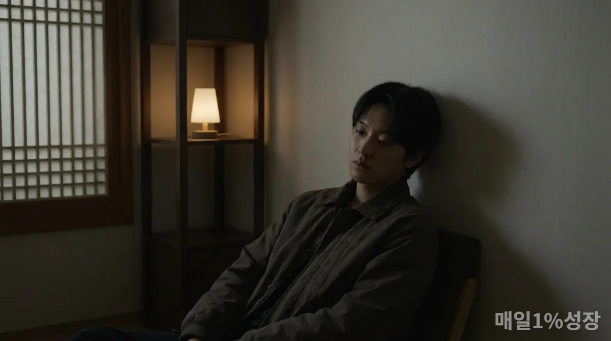 조용한 공간에서 자기비판에 잠긴 한국인의 모습