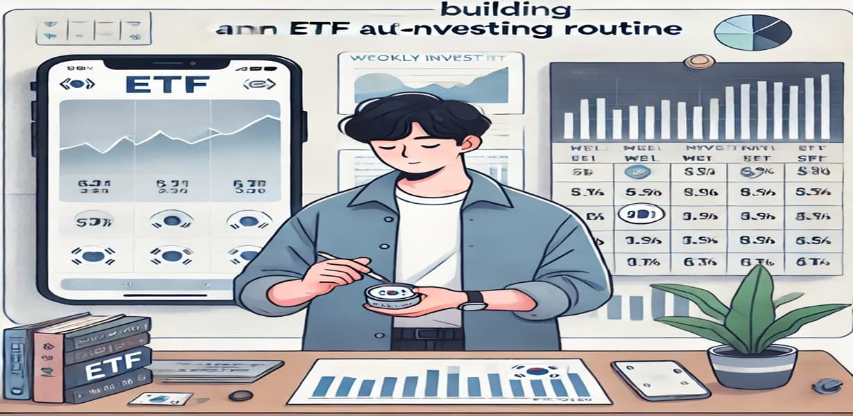 ETF 자동투자 루틴을 설정 중인 투자자가 일정 설정과 성장 그래프를 함께 확인하는 장면