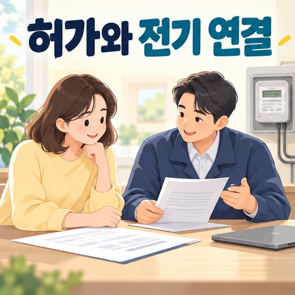 주택 소유자와 전문가가 설치 허가 및 전기 연결 서류를 상담하는 모습