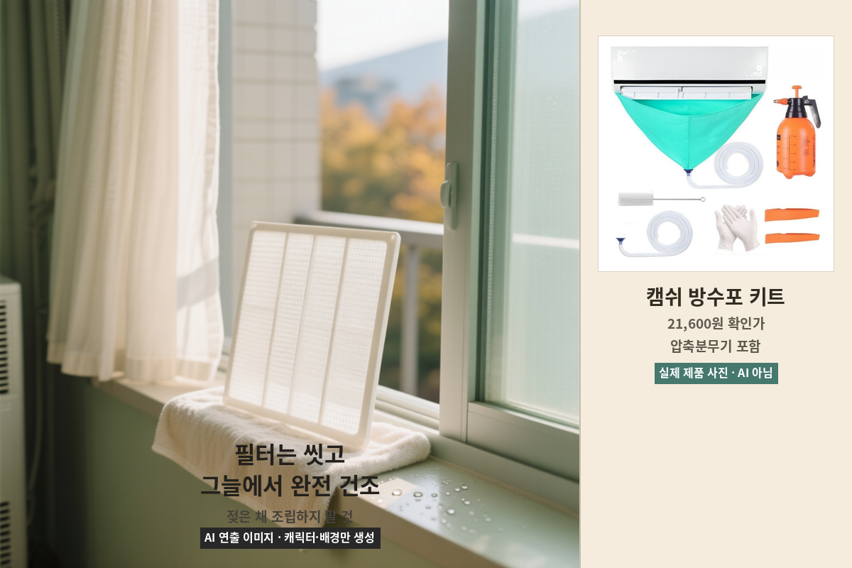 물로 씻은 벽걸이 에어컨 필터를 직사광선 없이 그늘에서 세워 건조하는 장면